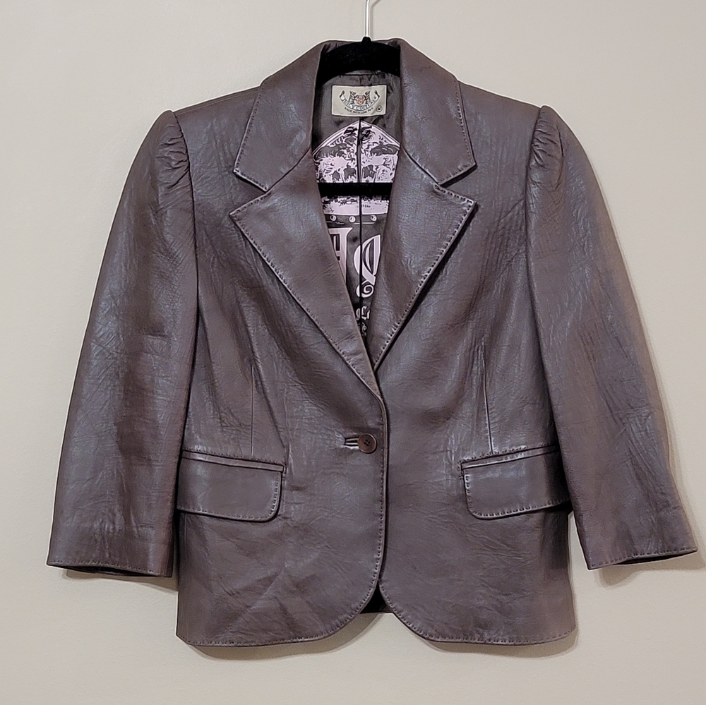 Vintage JUICY COUTURE Leather Brown Cropped Blazer Jacket 3/4 Sleeve Size Medium